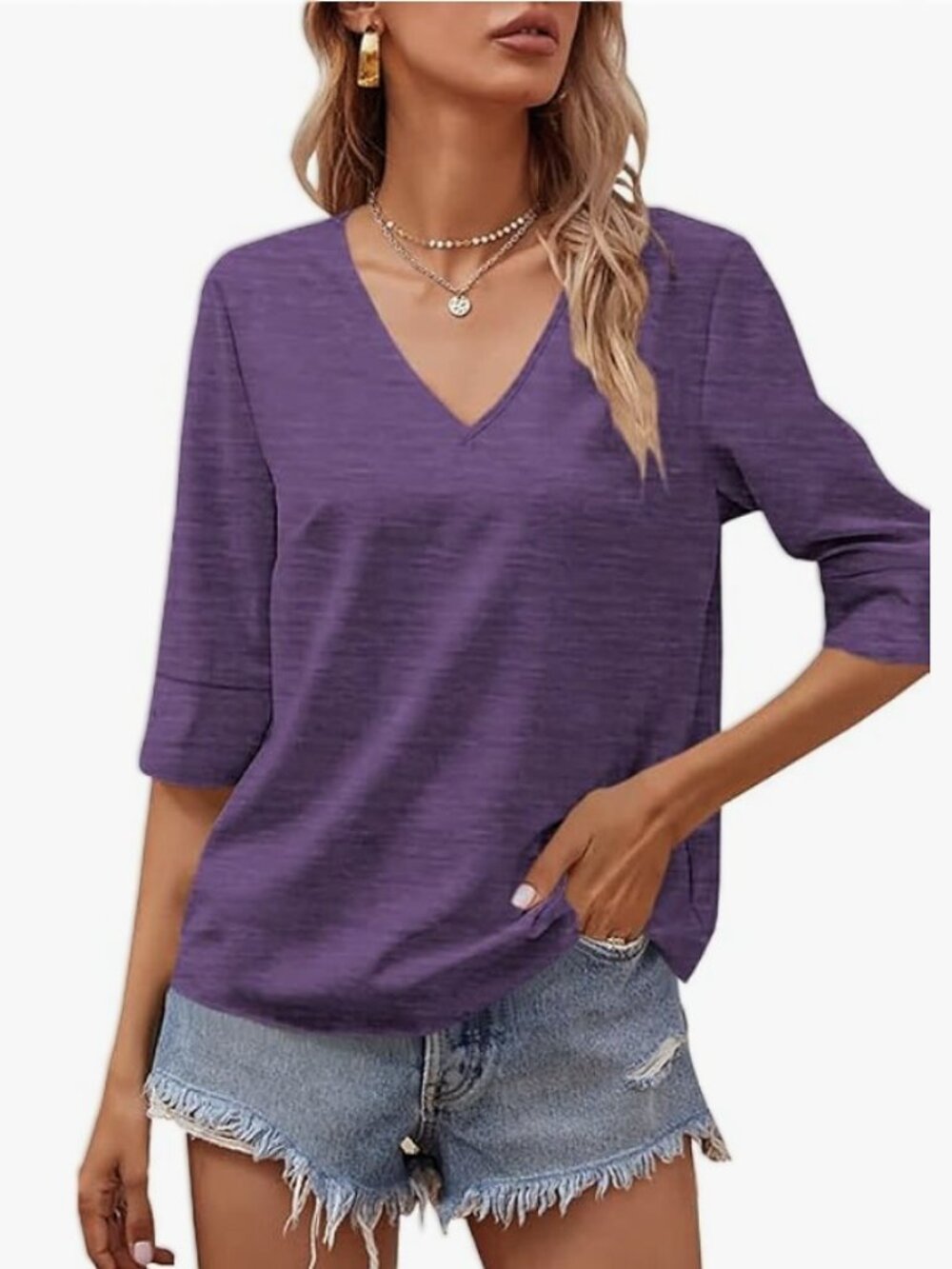 New GRLASEN HALF SLEEVE VEE-NECK TEE SHIRT, Dark Purple, Top, Size L